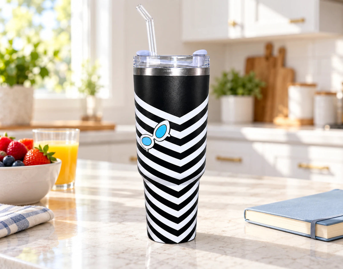 Black & White Chevron Tumbler with Straw