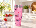 Pink Butterfly Tumbler with Straw