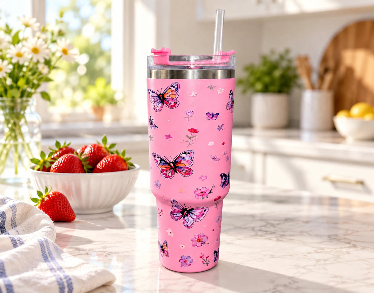 Pink Butterfly Tumbler with Straw